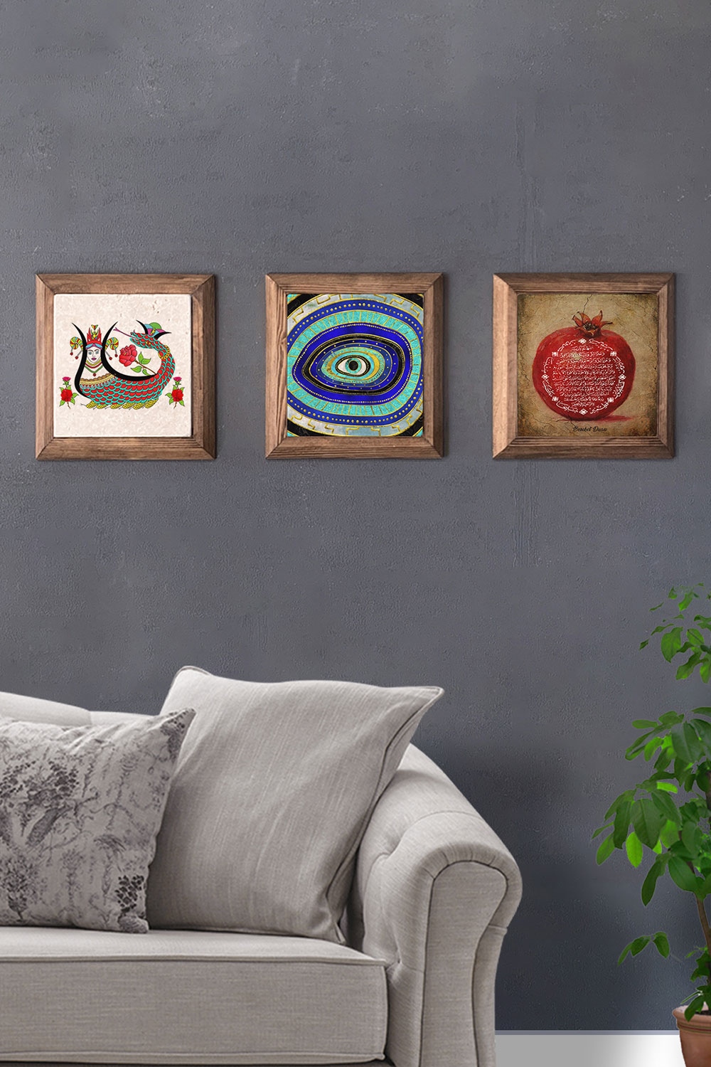 Oscar Stone Decor Masif (Ahşap) Çerçeveli 3'lü Set Taş Tablo Pano 28x28 cm Şahmeran Nazar Göz