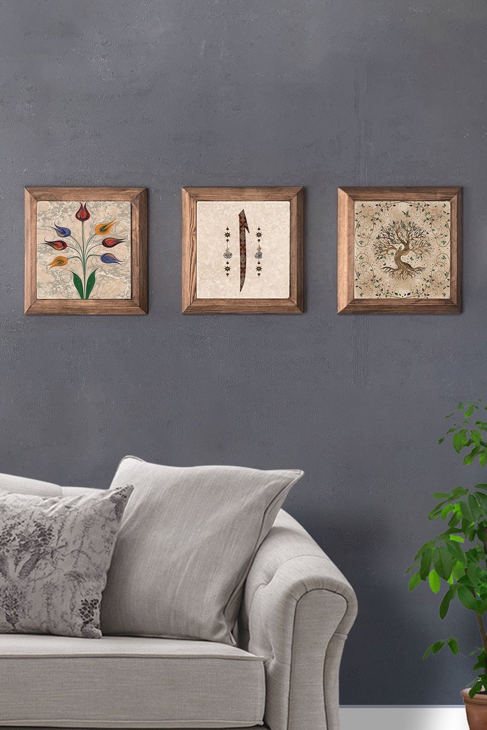 Oscar Stone Decor Masif (Ahşap) Çerçeveli 3'lü Set Taş Tablo Pano 28x28 cm Ebruli Elif Hayat Ağacı