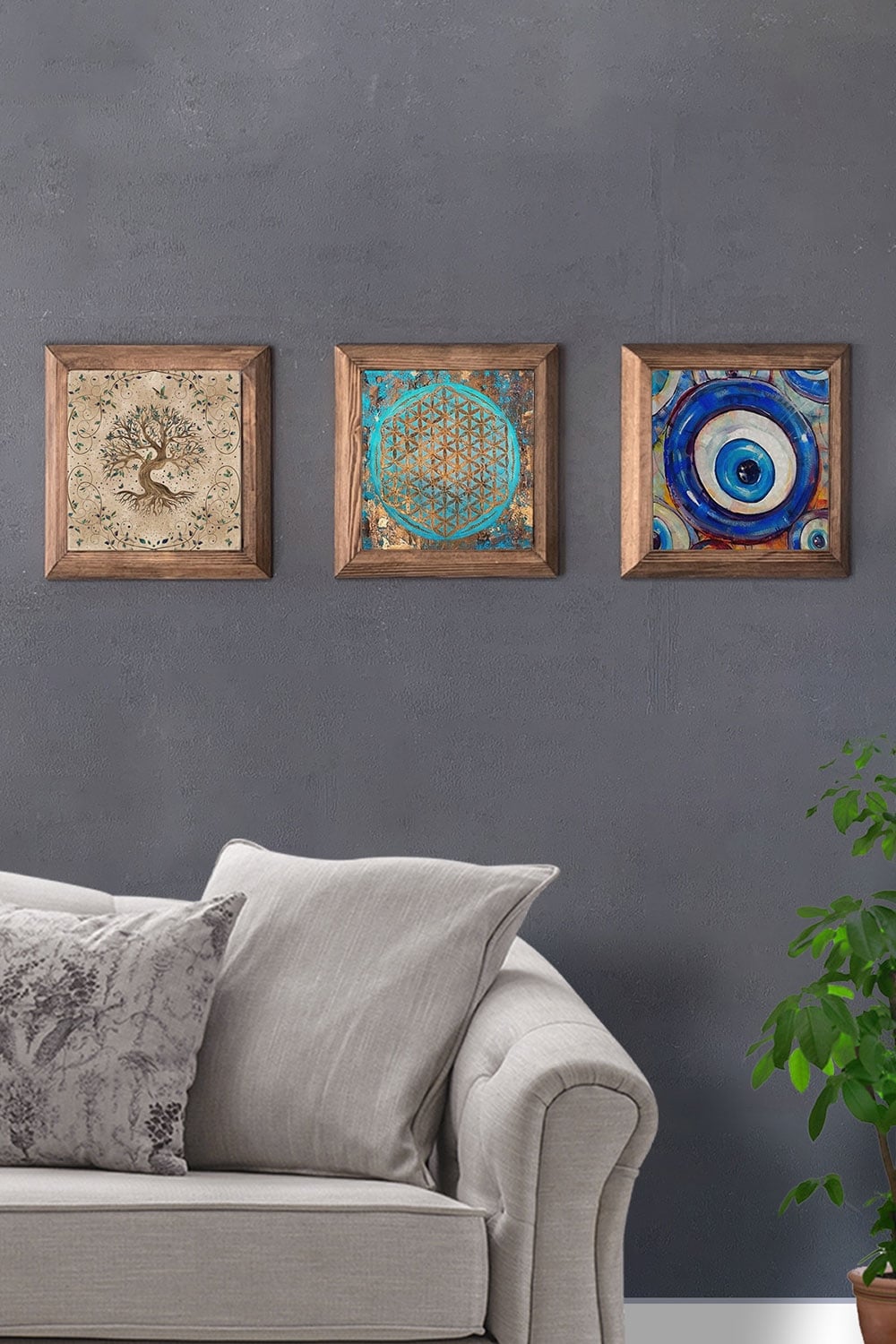 Oscar Stone Decor Masif (Ahşap) Çerçeveli 3'lü Set Taş Tablo Pano 28x28 cm Hayat Ağacı Nazar Boncuğu