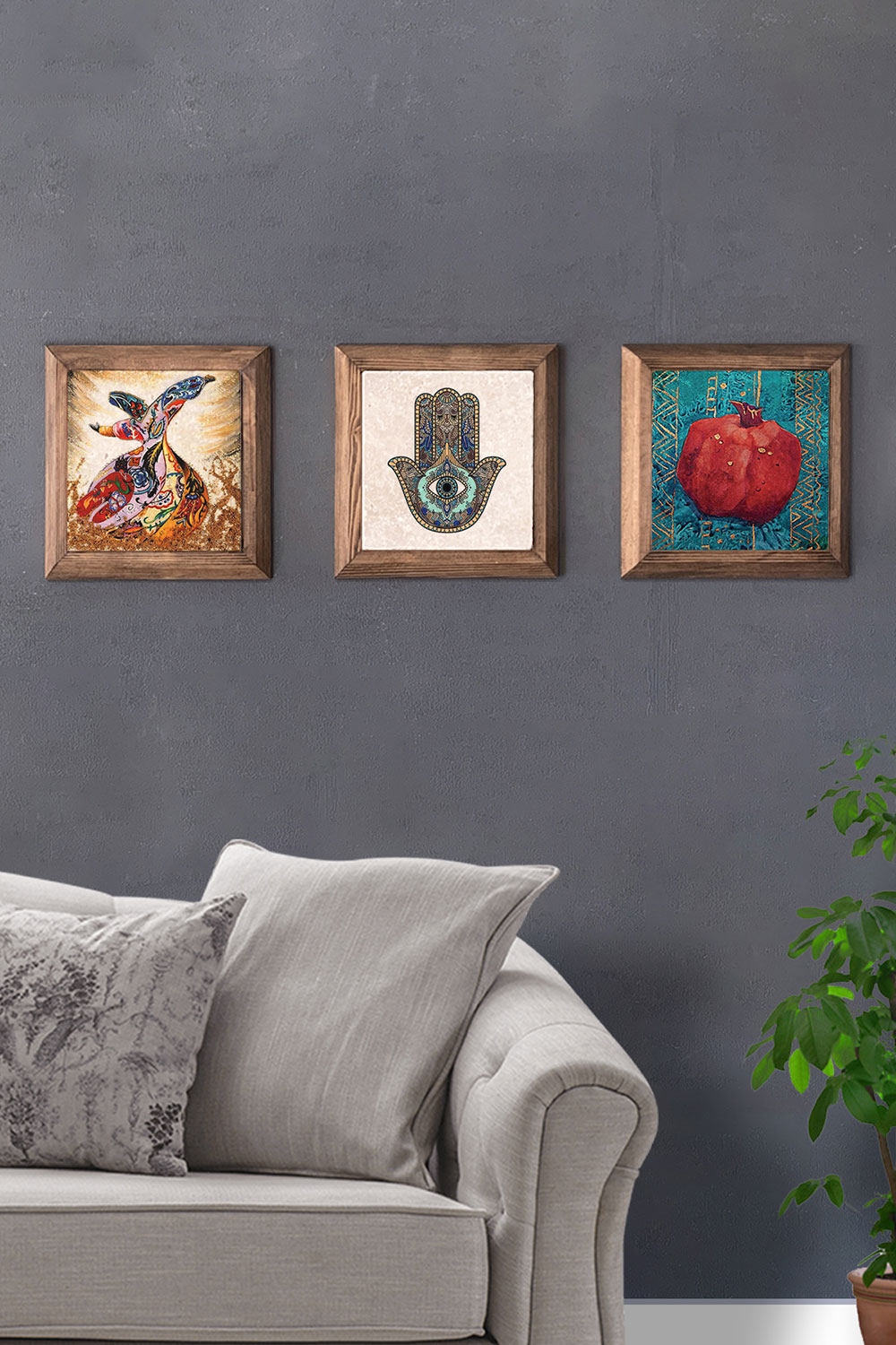 Oscar Stone Decor Masif (Ahşap) Çerçeveli 3'lü Set Taş Tablo Pano 28x28 cm Nar Fatma Ana Semazen