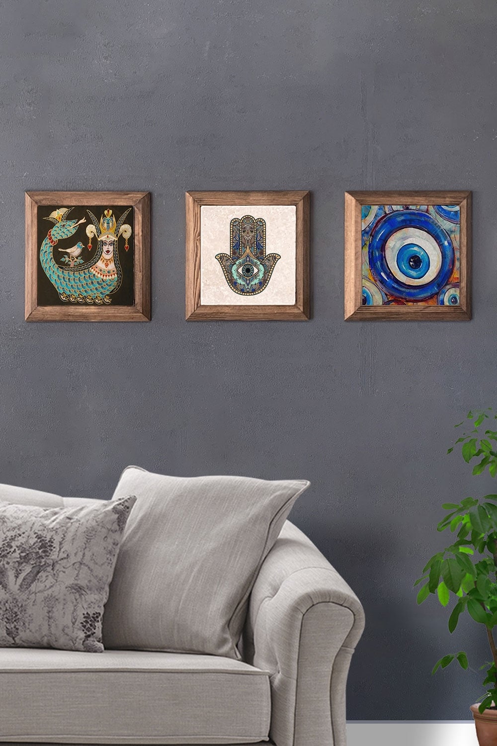 Oscar Stone Decor Masif (Ahşap) Çerçeveli 3'lü Set Taş Tablo Pano 28x28 cm Şahmeran Nazar Boncuğu
