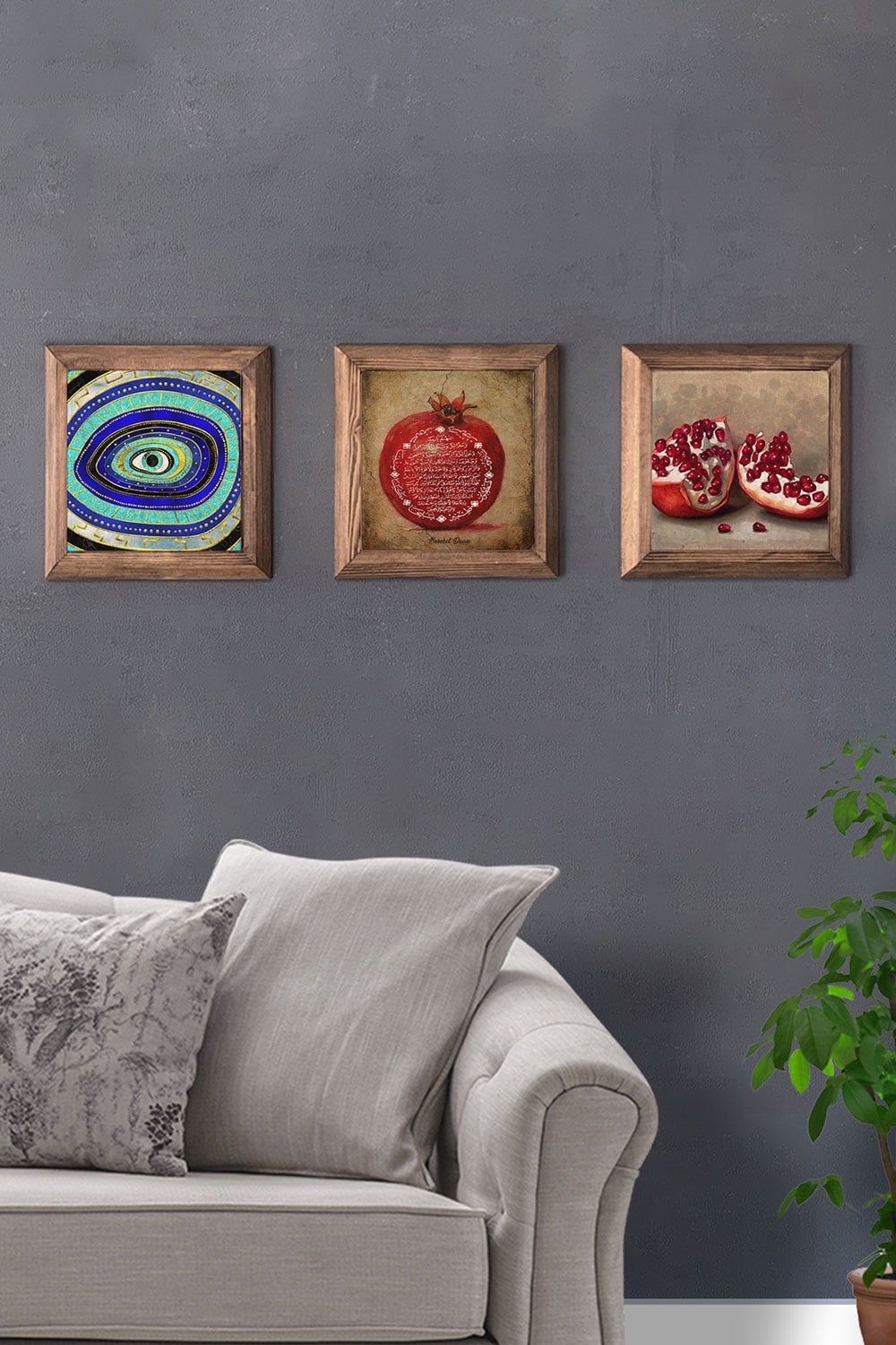 Oscar Stone Decor Masif (Ahşap) Çerçeveli 3'lü Set Taş Tablo Pano 28x28 cm Nazar Göz Nar Dua Nar