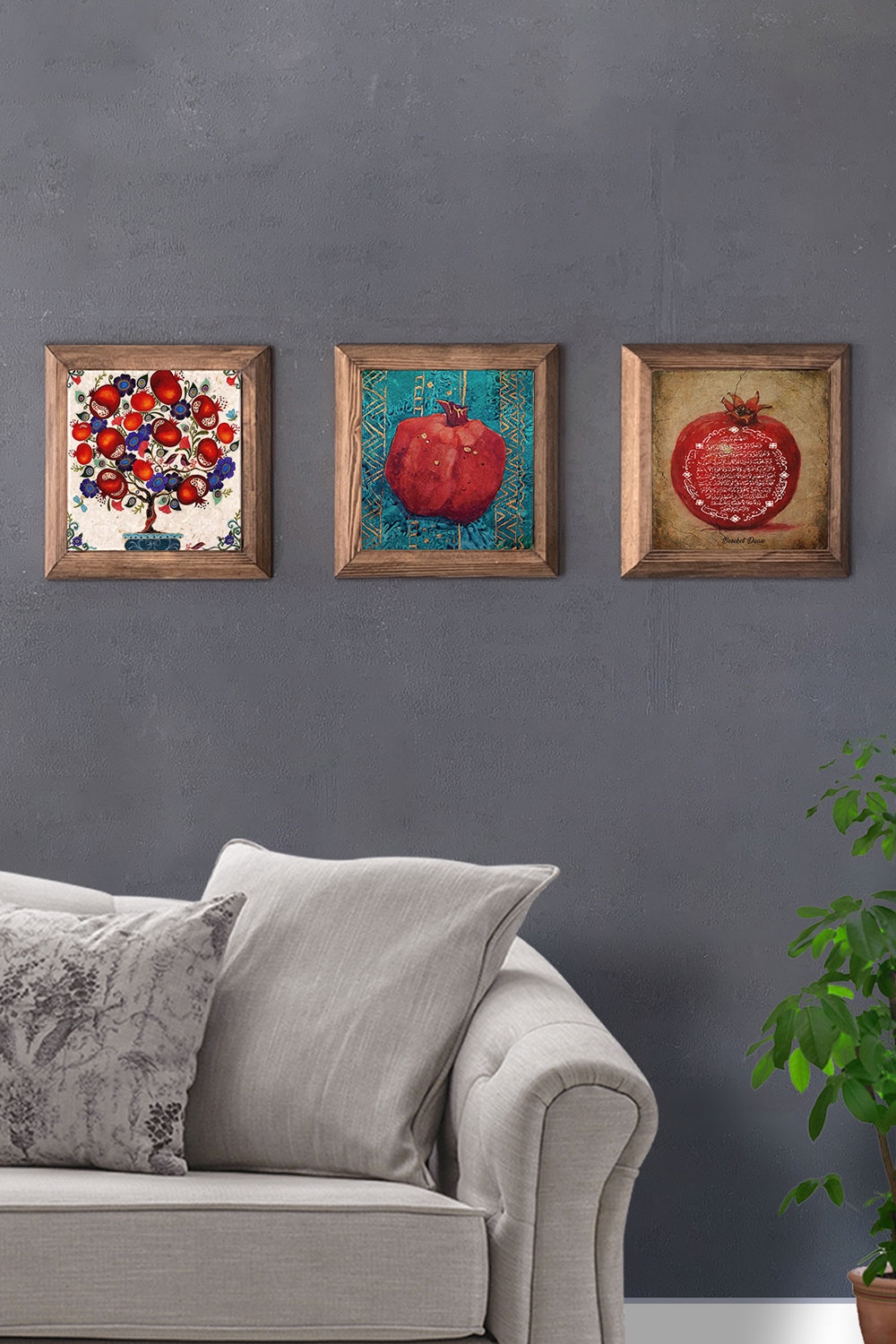 Oscar Stone Decor Masif (Ahşap) Çerçeveli 3'lü Set Taş Tablo Pano 28x28 cm Nar Ağacı Nar ve Nar Dua