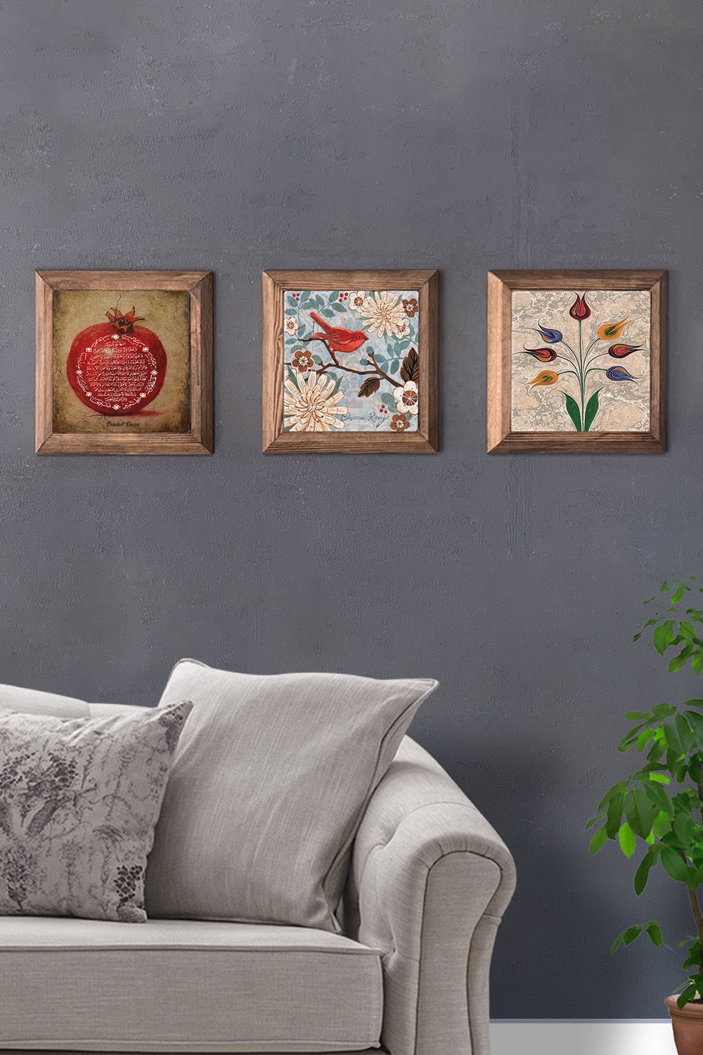 Oscar Stone Decor Masif (Ahşap) Çerçeveli 3'lü Set Taş Tablo Pano 28x28 cm Nar Duası Kuş Ebruli