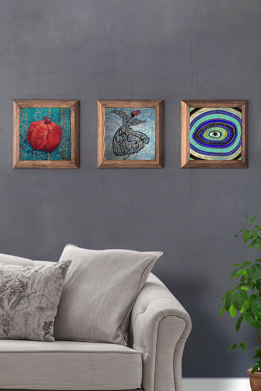 Oscar Stone Decor Masif (Ahşap) Çerçeveli 3'lü Set Taş Tablo Pano 28x28 cm Nar Semazen Nazar Göz