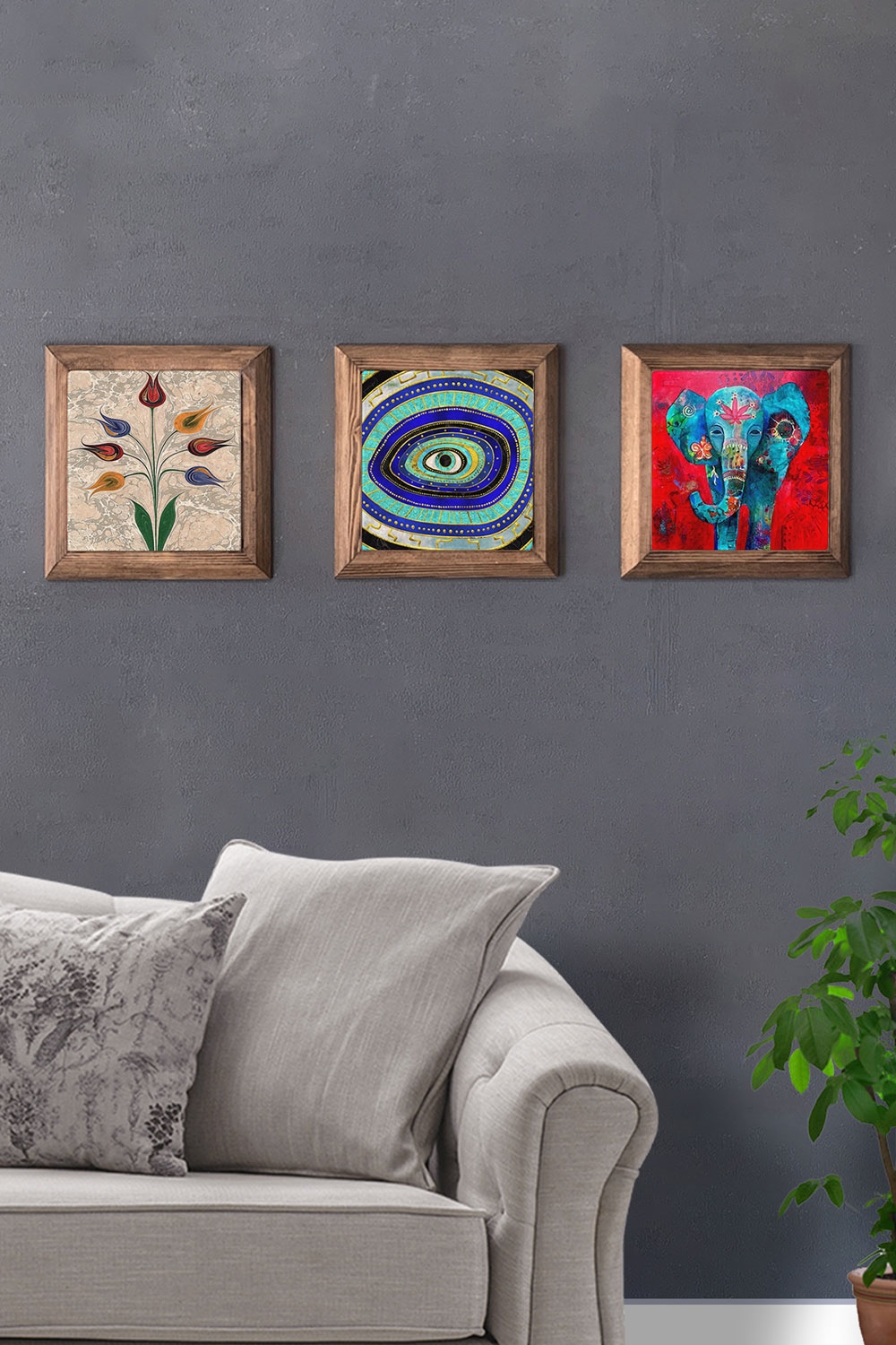 Oscar Stone Decor Masif (Ahşap) Çerçeveli 3'lü Set Taş Tablo Pano 28x28 cm Ebruli Fil Nazar Göz