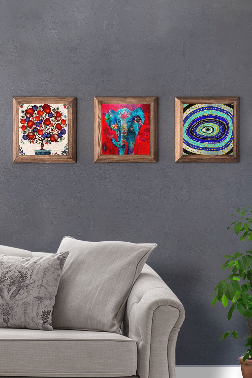 Oscar Stone Decor Masif (Ahşap) Çerçeveli 3'lü Set Taş Tablo Pano 28x28 cm Nar Ağacı Nazar Göz Fil