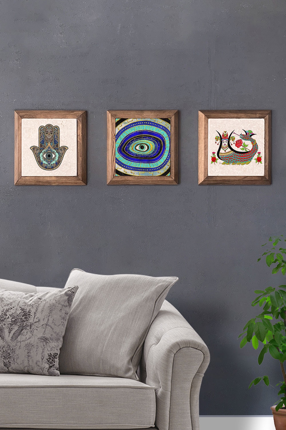 Oscar Stone Decor Masif (Ahşap) Çerçeveli 3'lü Set Taş Tablo Pano 28x28 cm Nazar Göz Fatma Ana Eli