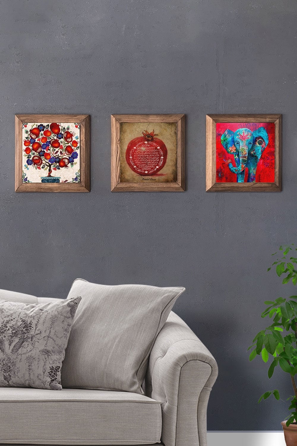 Oscar Stone Decor Masif (Ahşap) Çerçeveli 3'lü Set Taş Tablo Pano 28x28 cm Nar Ağacı Nar Dua Fil