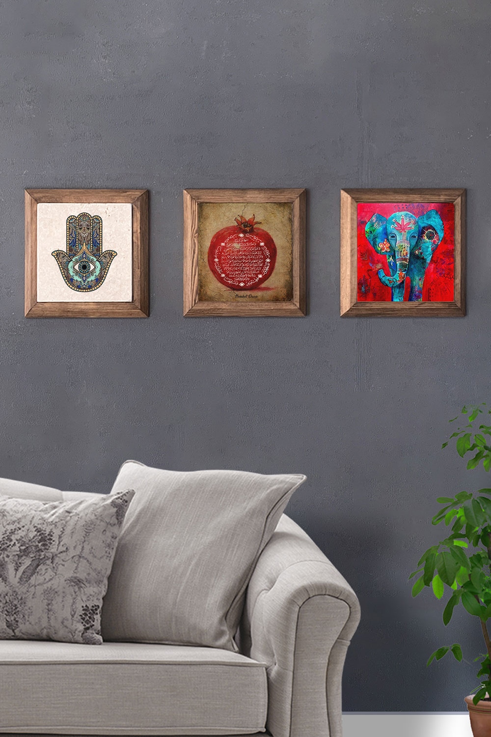 Oscar Stone Decor Masif (Ahşap) Çerçeveli 3'lü Set Taş Tablo Pano 28x28 cm Fil Fatma Ana Nar Dua