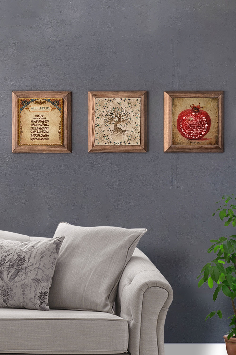 Oscar Stone Decor Masif (Ahşap) Çerçeveli 3'lü Set Taş Tablo Pano 28x28 cm Hayat Ağaç Ayetel Nar Dua