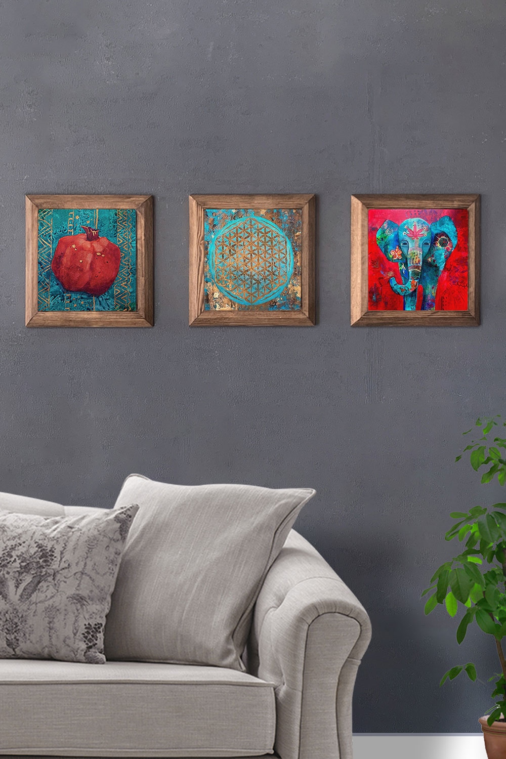 Oscar Stone Decor Masif (Ahşap) Çerçeveli 3'lü Set Taş Tablo Pano 28x28 cm Nar Yaşam Çiçeği Fil