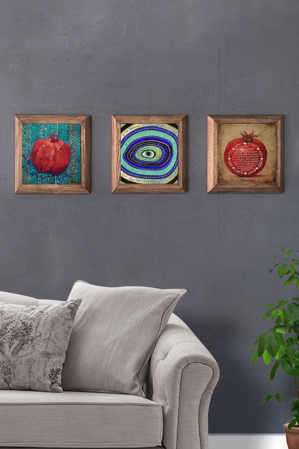 Oscar Stone Decor Masif (Ahşap) Çerçeveli 3'lü Set Taş Tablo Pano 28x28 cm Nar Dua Nazar Nar