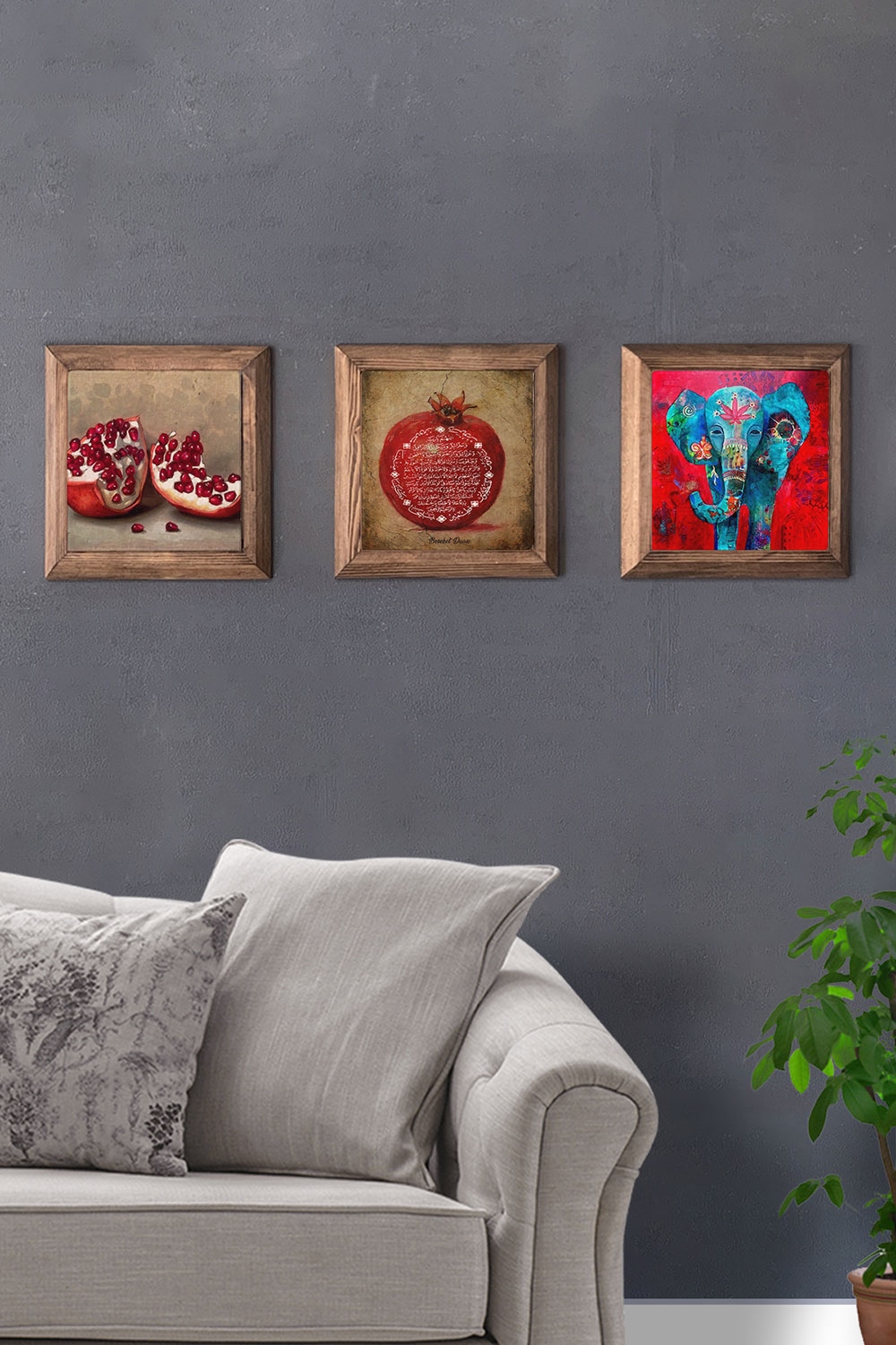 Oscar Stone Decor Masif (Ahşap) Çerçeveli 3'lü Set Taş Tablo Pano 28x28 cm Nar Dua Fil