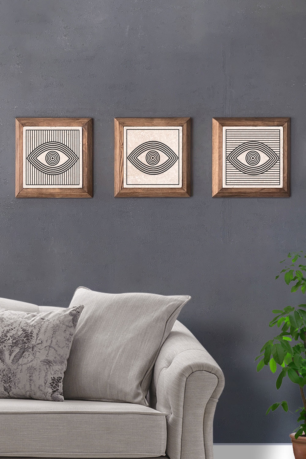 Oscar Stone Decor Masif (Ahşap) Çerçeveli 3'lü Set Taş Tablo Pano 28x28 cm Nazar Göz Geometrik