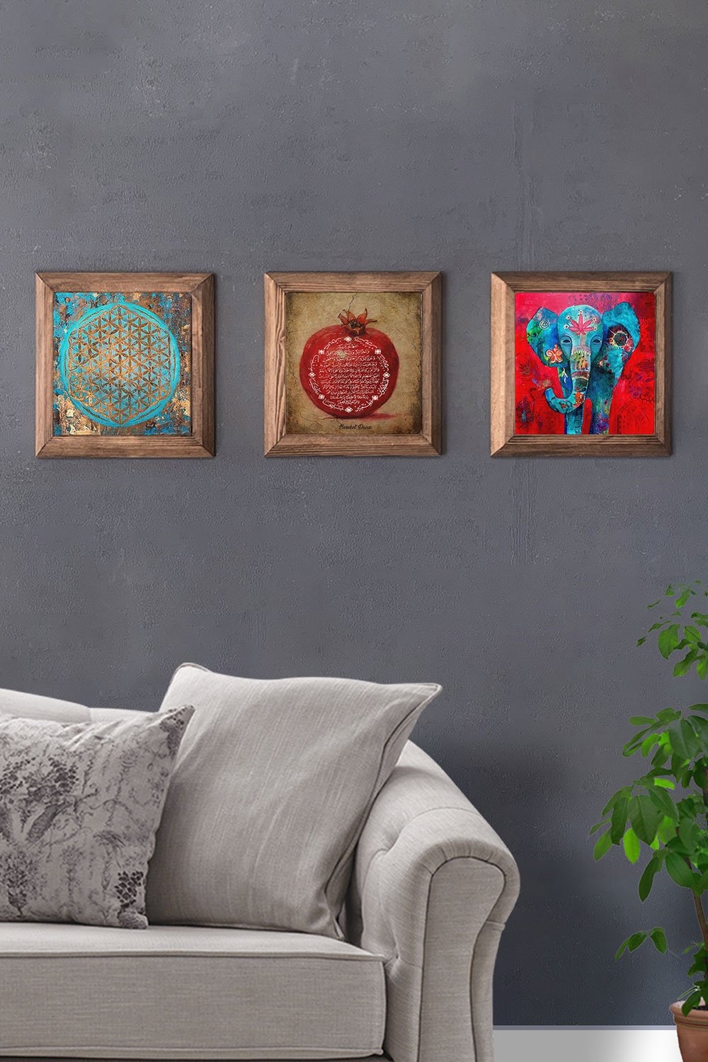 Oscar Stone Decor Masif (Ahşap) Çerçeveli 3'lü Set Taş Tablo Pano 28x28 cm Yaşam Çiçeği Nar Fil