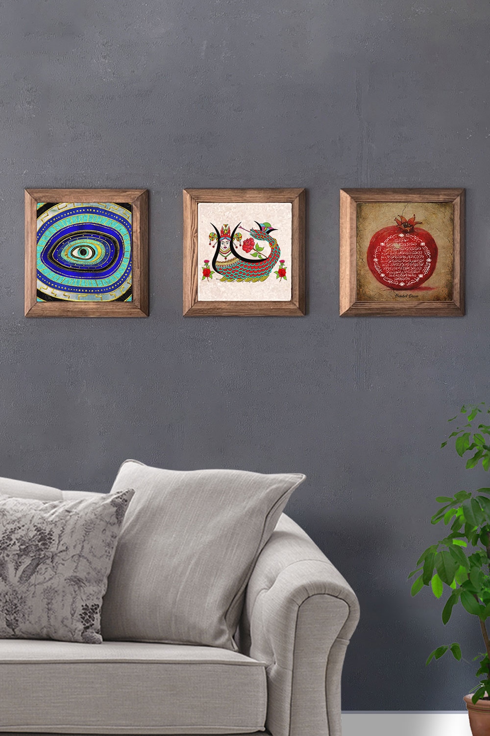 Oscar Stone Decor Masif (Ahşap) Çerçeveli 3'lü Set Taş Tablo Pano 28x28 cm Nazar Göz Şahmeran Nar