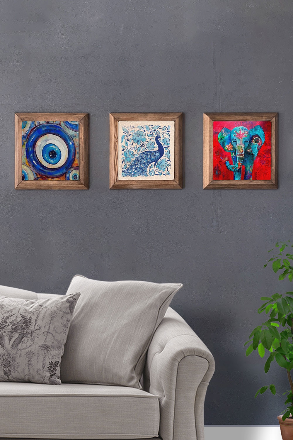 Oscar Stone Decor Masif (Ahşap) Çerçeveli 3'lü Set Taş Tablo Pano 28x28 cm Tavus Kuşu Nazar Boncuğu