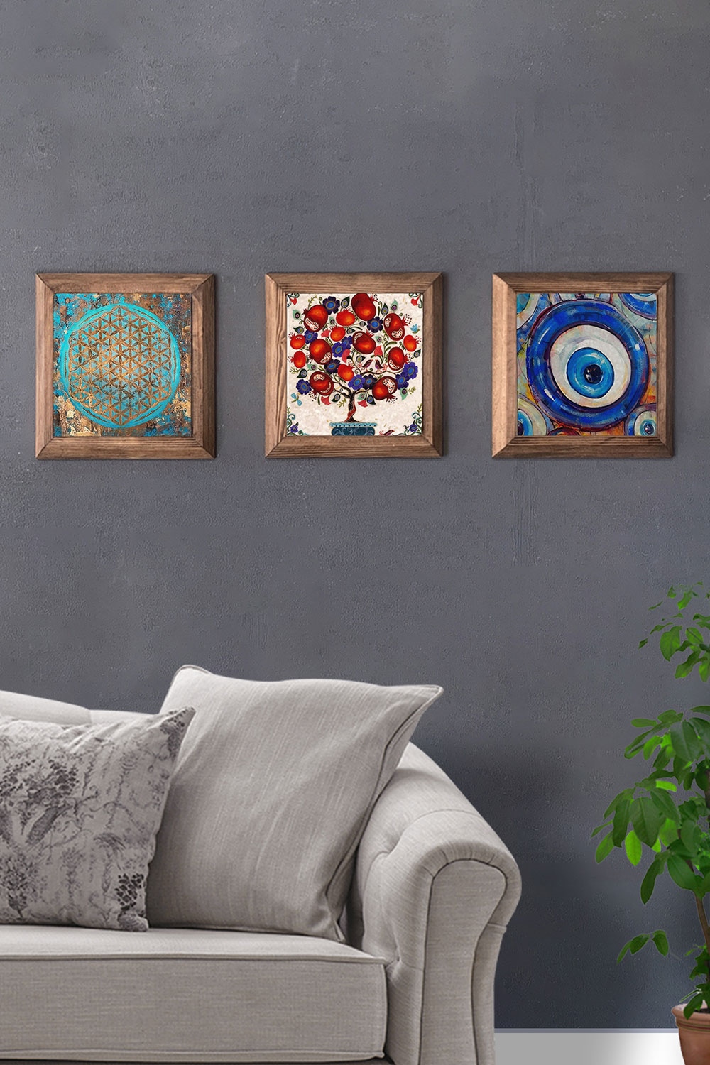 Oscar Stone Decor Masif (Ahşap) Çerçeveli 3'lü Set Taş Tablo Pano 28x28 cm Nar Ağacı Nazar Göz