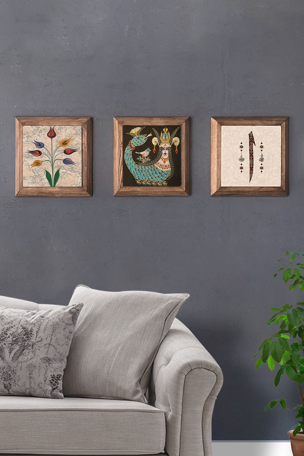 Oscar Stone Decor Masif (Ahşap) Çerçeveli 3'lü Set Taş Tablo Pano 28x28 cm Ebruli Şahmeran Elif