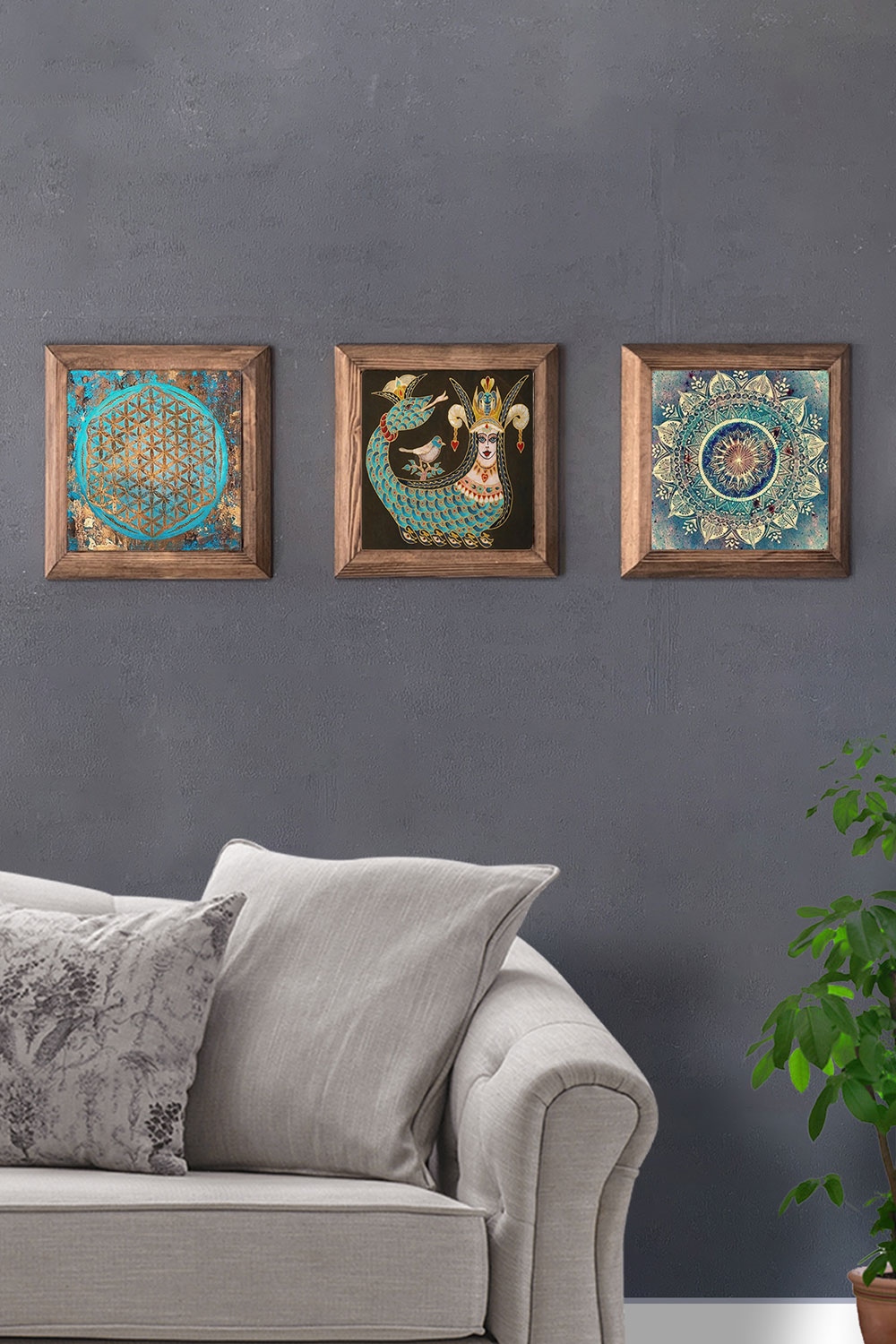 Oscar Stone Decor Masif (Ahşap) Çerçeveli 3'lü Set Taş Tablo Pano 28x28 cm Yaşam Çiçeği Şahmeran