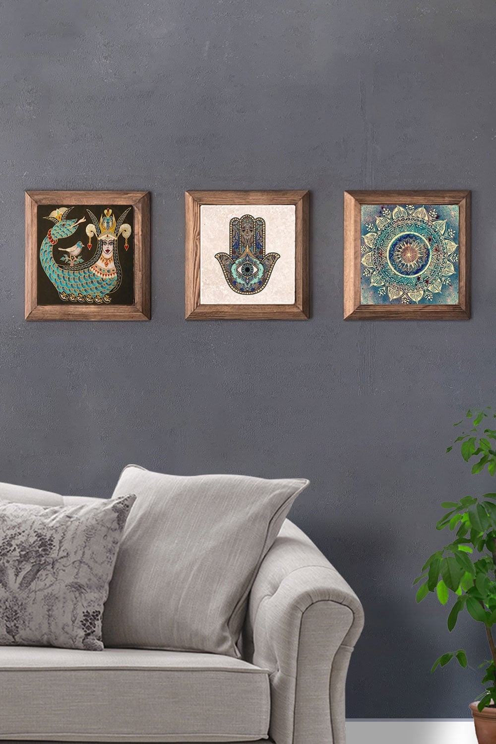 Oscar Stone Decor Masif (Ahşap) Çerçeveli 3'lü Set Taş Tablo Pano 28x28 cm Şahmeran Fatma Ana