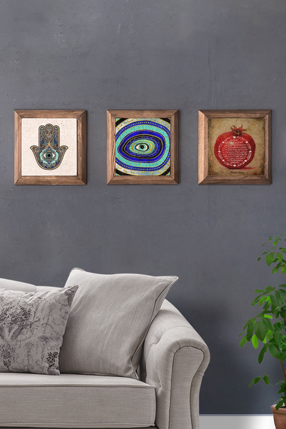 Oscar Stone Decor Masif (Ahşap) Çerçeveli 3'lü Set Taş Tablo Pano 28x28 cm Fatma Ana Eli Nazar Göz