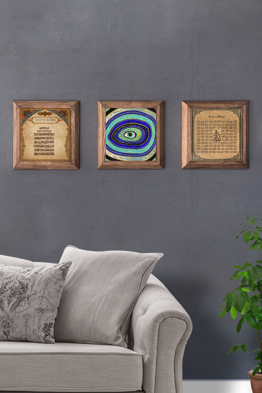 Oscar Stone Decor Masif (Ahşap) Çerçeveli 3'lü Set Taş Tablo Pano 28x28 cm Ayetel Nazar Göz Esmaül