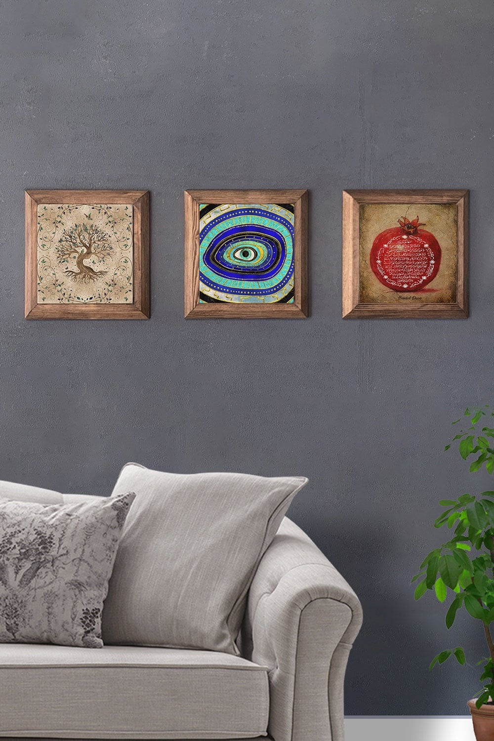 Oscar Stone Decor Masif (Ahşap) Çerçeveli 3'lü Set Taş Tablo Pano 28x28 cm Nar Nazar Göz Hayat Ağacı