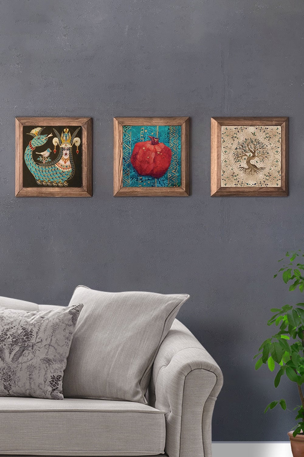 Oscar Stone Decor Masif (Ahşap) Çerçeveli 3'lü Set Taş Tablo Pano 28x28 cm Şahmeran Nar Hayat Ağacı