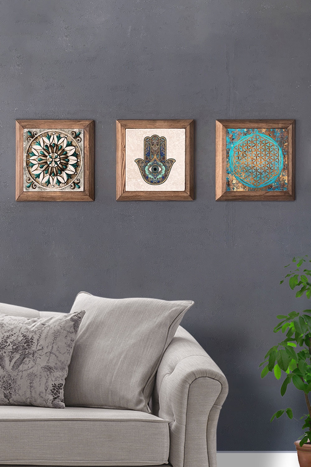 Oscar Stone Decor Masif (Ahşap) Çerçeveli 3'lü Set Taş Tablo Pano 28x28 cm Fatma Ana Yaşam Çiçeği