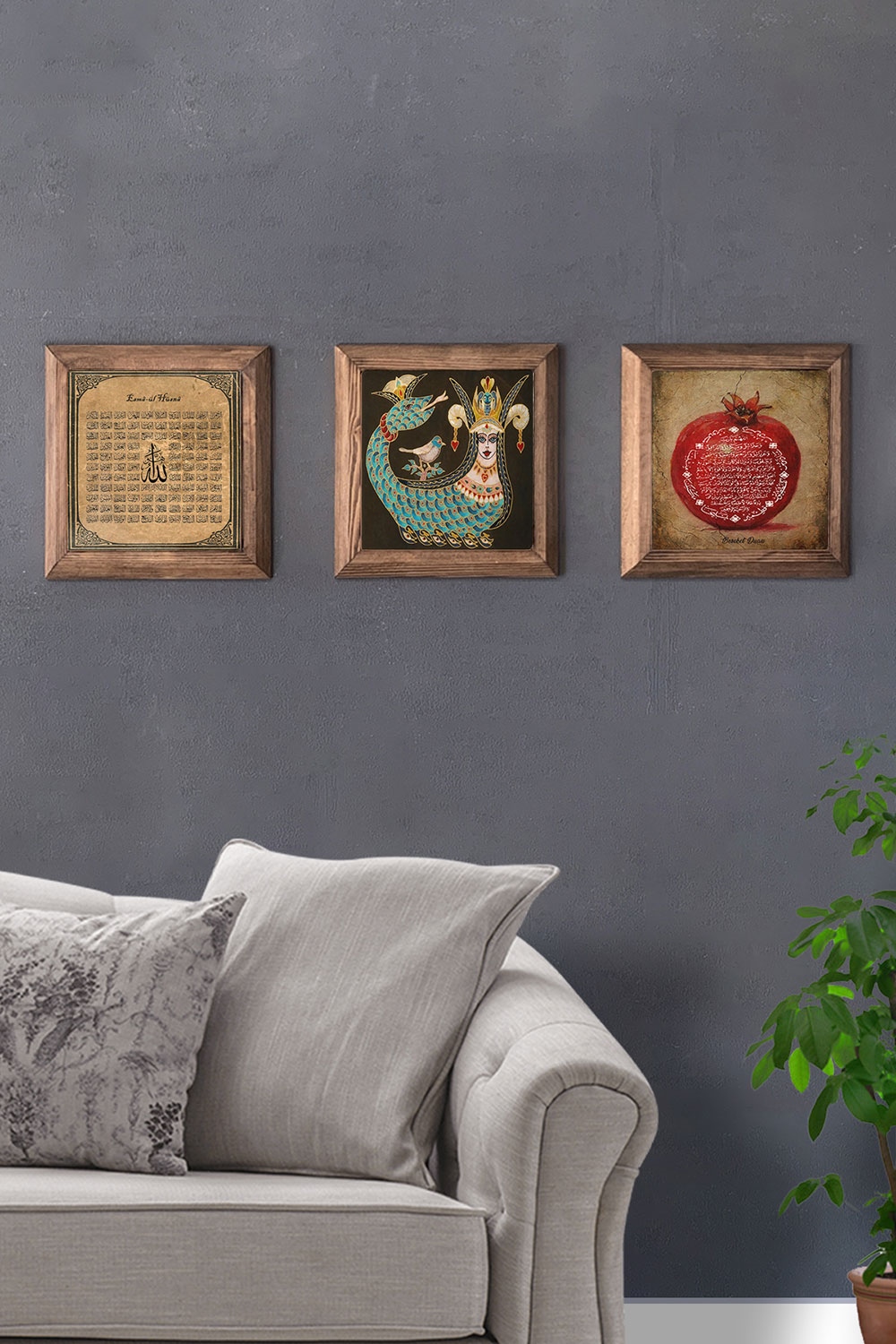 Oscar Stone Decor Masif (Ahşap) Çerçeveli 3'lü Set Taş Tablo Pano 28x28 cm Esmaül Hüsna Şahmeran