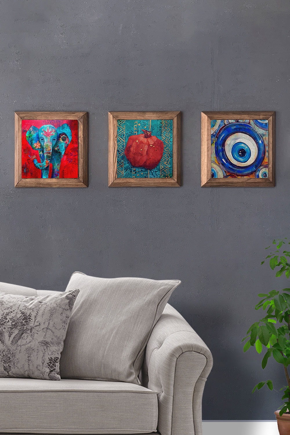 Oscar Stone Decor Masif (Ahşap) Çerçeveli 3'lü Set Taş Tablo Pano 28x28 cm Fil Nar ve Nazar Boncuğu