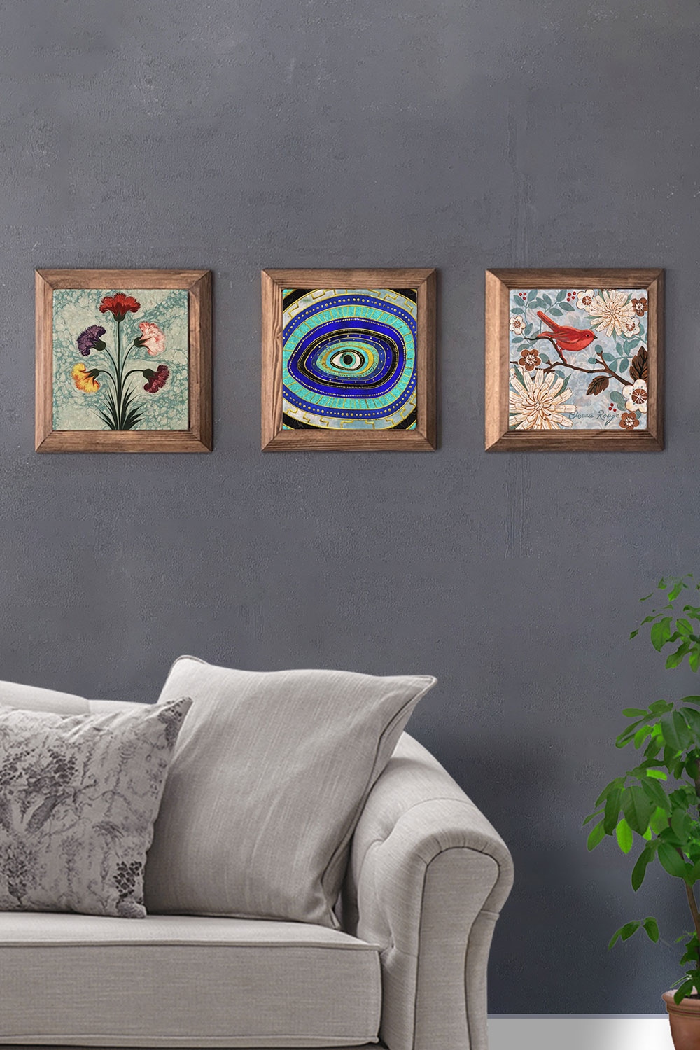 Oscar Stone Decor Masif (Ahşap) Çerçeveli 3'lü Set Taş Tablo Pano 28x28 cm Ebruli Semazen Kuş