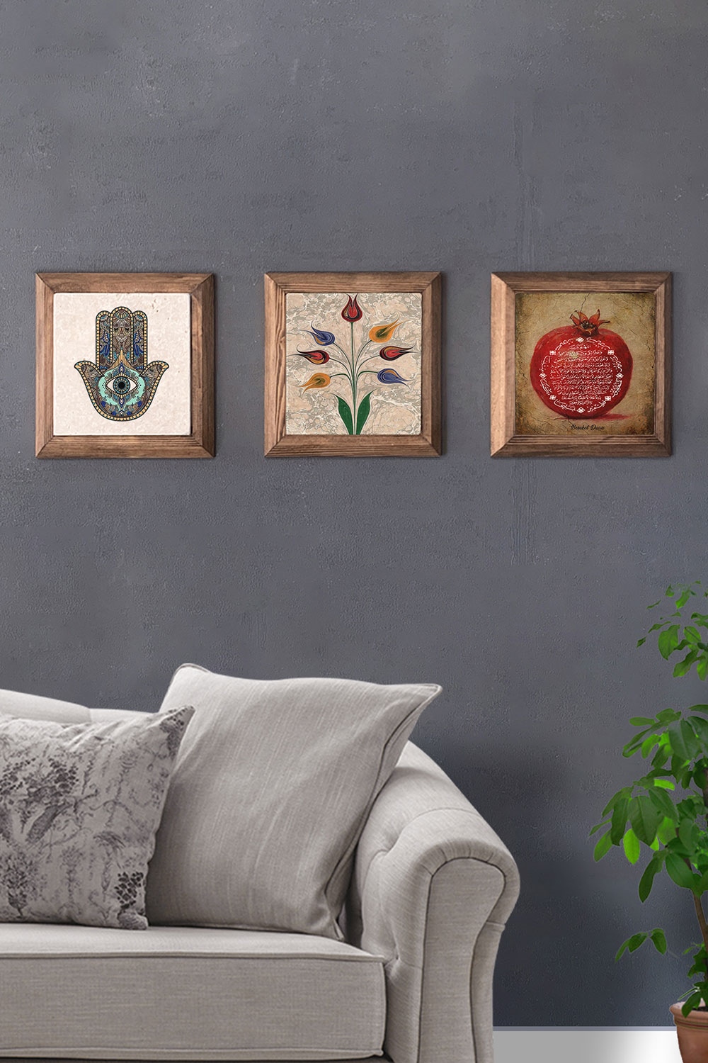 Oscar Stone Decor Masif (Ahşap) Çerçeveli 3'lü Set Taş Tablo Pano 28x28 cm Fatma Ana Ebruli Nar Dua