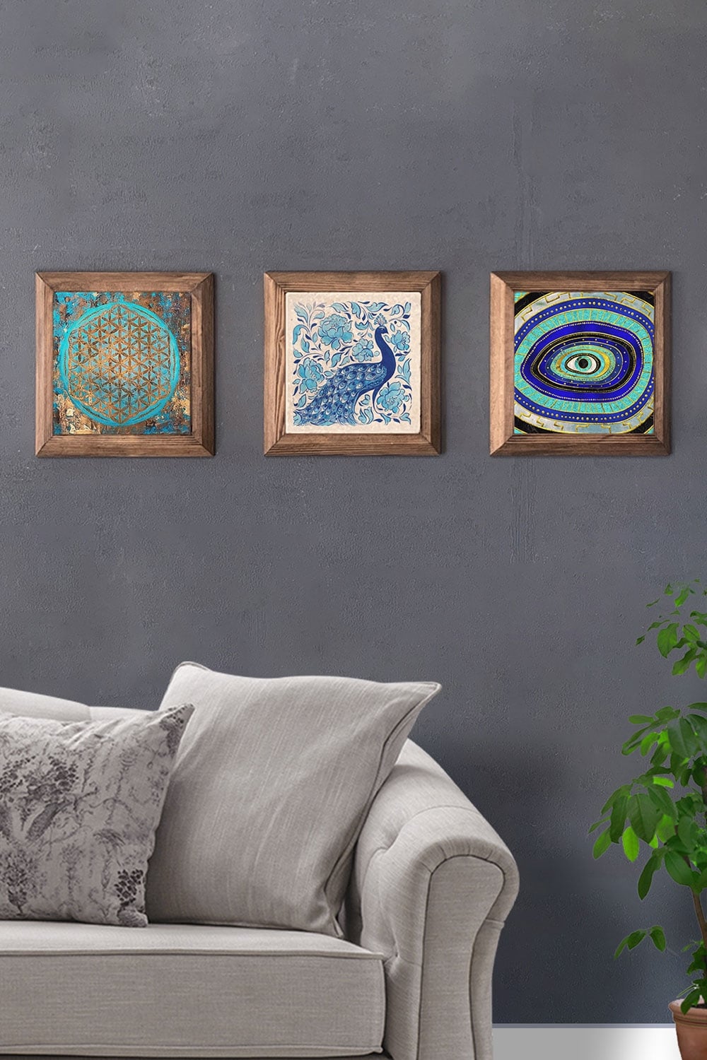 Oscar Stone Decor Masif (Ahşap) Çerçeveli 3'lü Set Taş Tablo Pano 28x28 cm Tavus Kuşu Nazar Göz