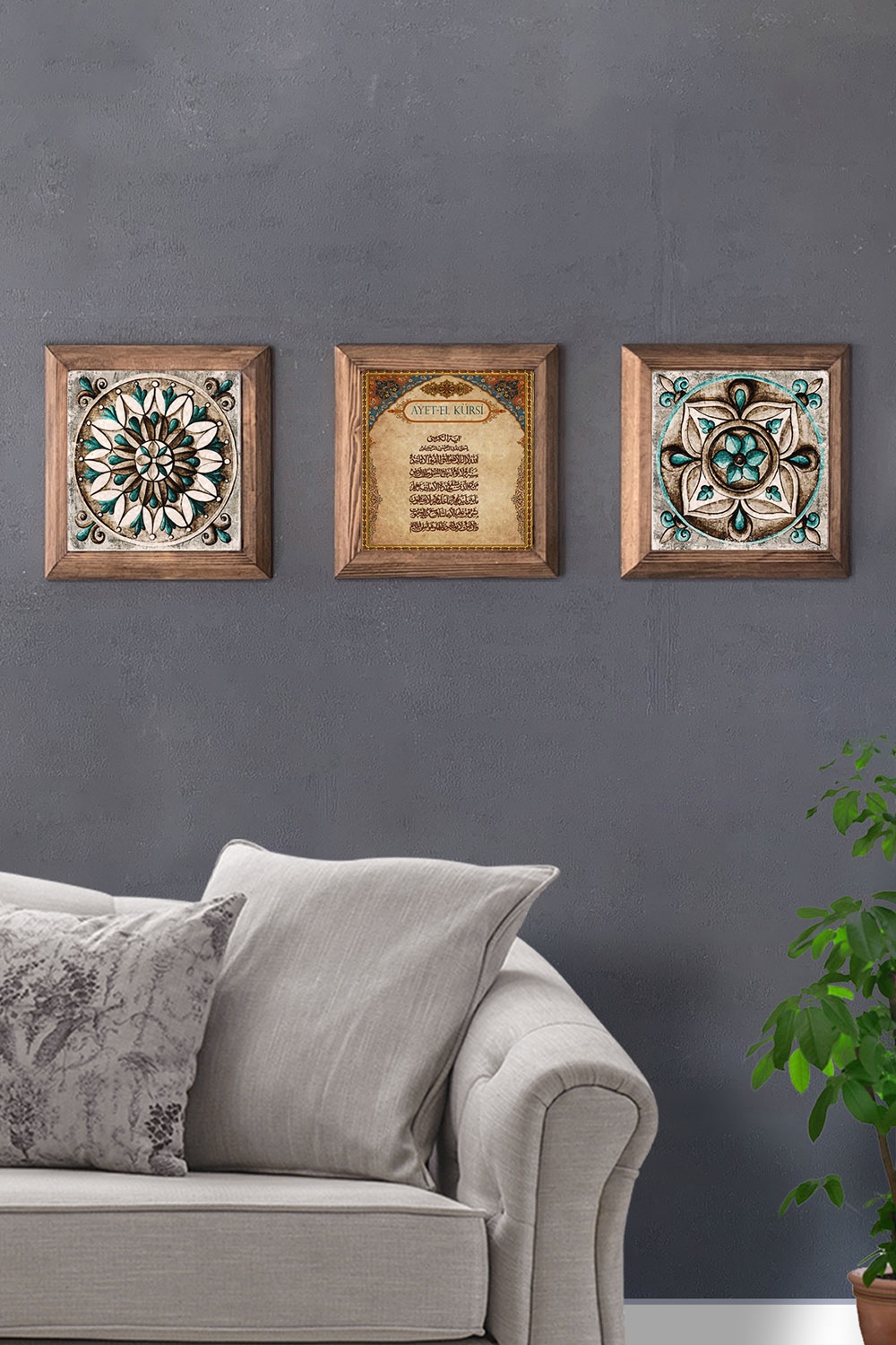 Oscar Stone Decor Masif (Ahşap) Çerçeveli 3'lü Set Taş Tablo Pano 28x28 cm Desen Seti Ayetel Kürsi