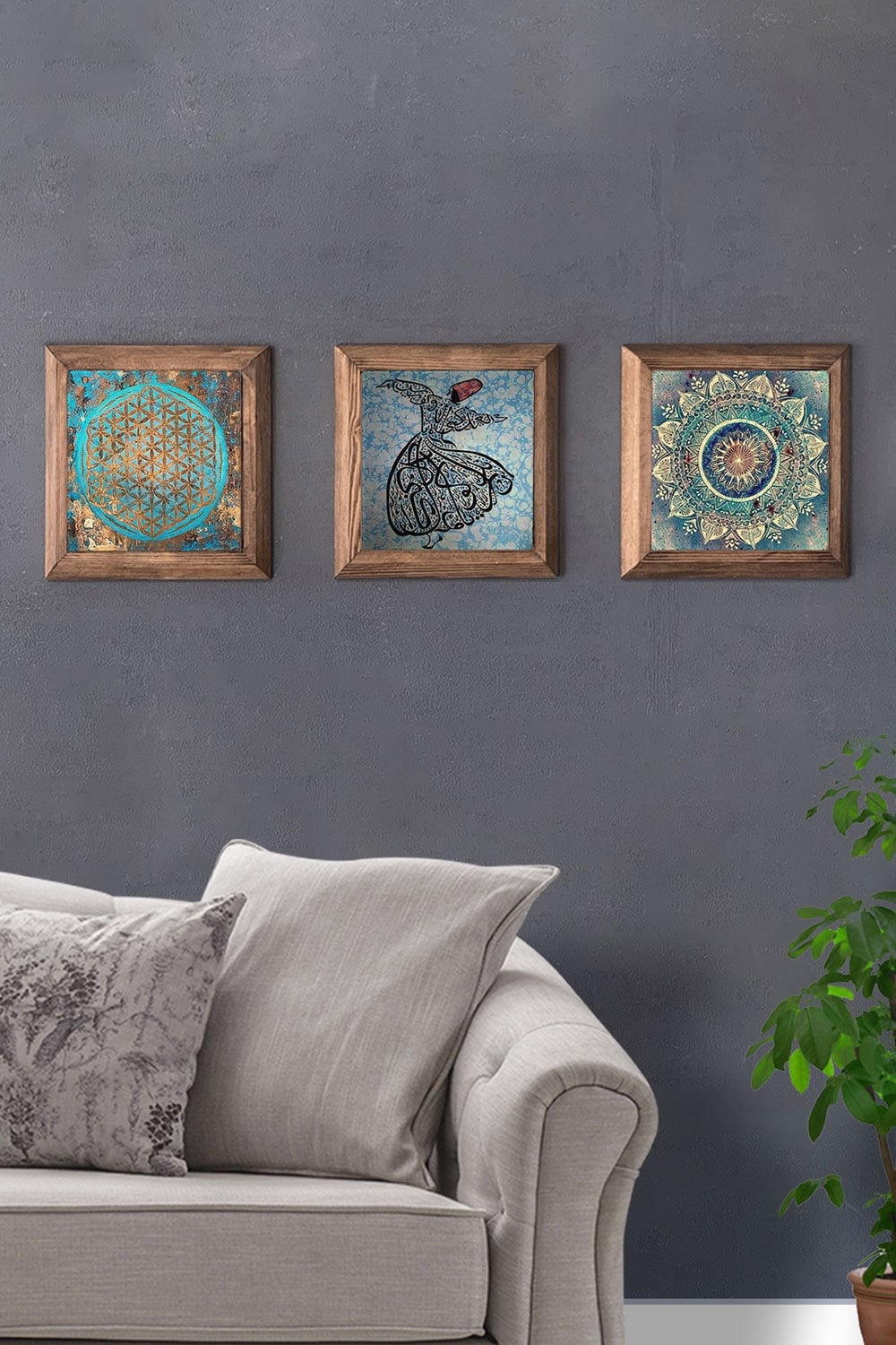 Oscar Stone Decor Masif (Ahşap) Çerçeveli 3'lü Set Taş Tablo Pano 28x28 cm Yaşam Çiçeği Semazen