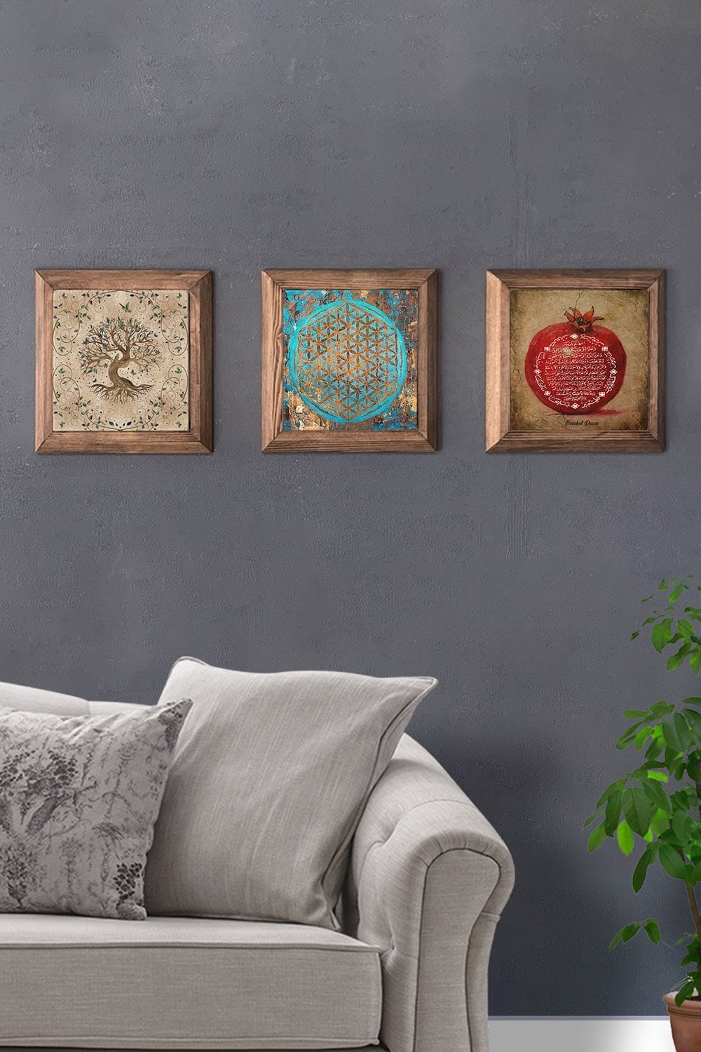 Oscar Stone Decor Masif (Ahşap) Çerçeveli 3'lü Set Taş Tablo Pano 28x28 cm Hayat Ağacı Yaşam Çiçeği