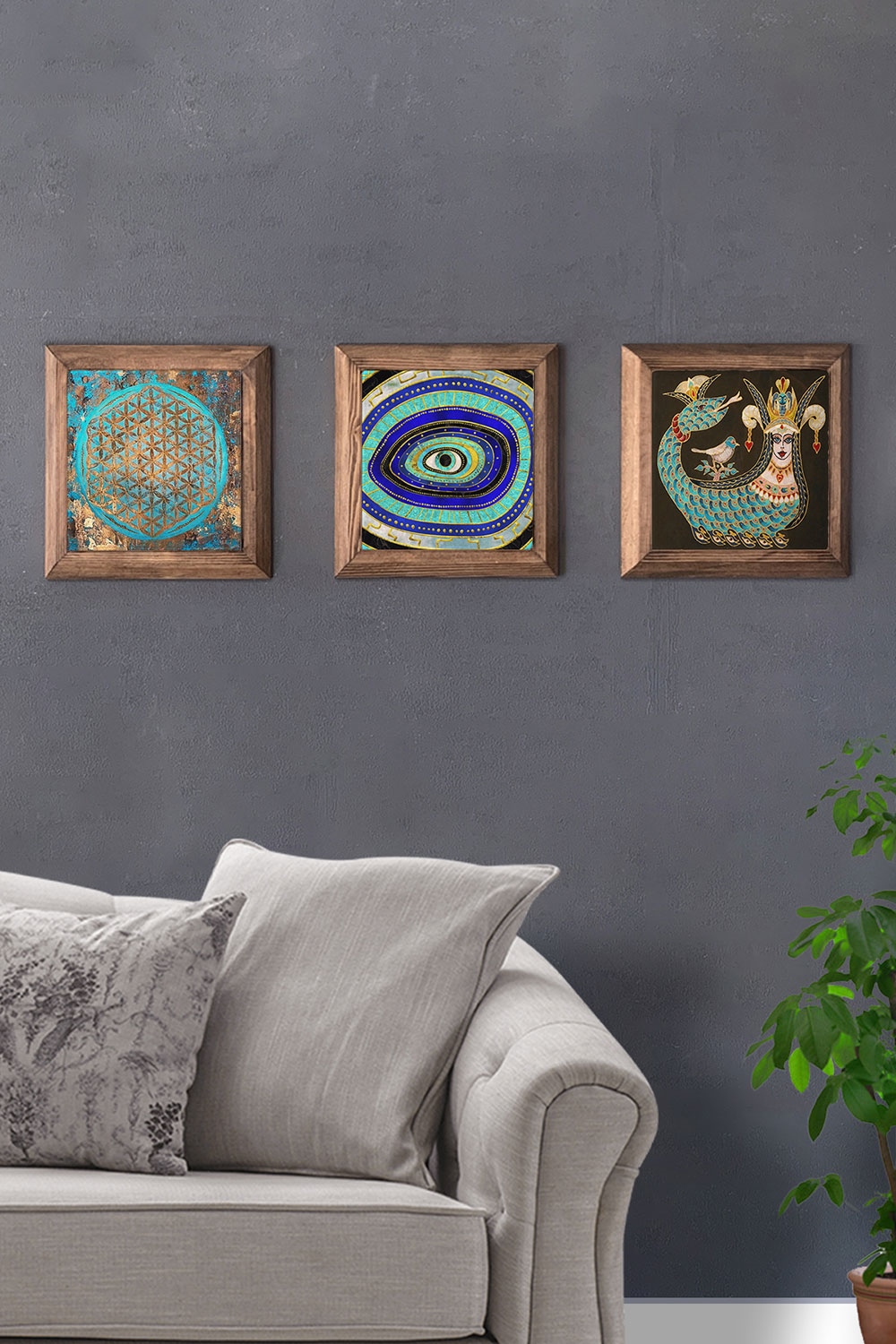 Oscar Stone Decor Masif (Ahşap) Çerçeveli 3'lü Set Taş Tablo Pano 28x28 cm Şahmeran Nazar Göz