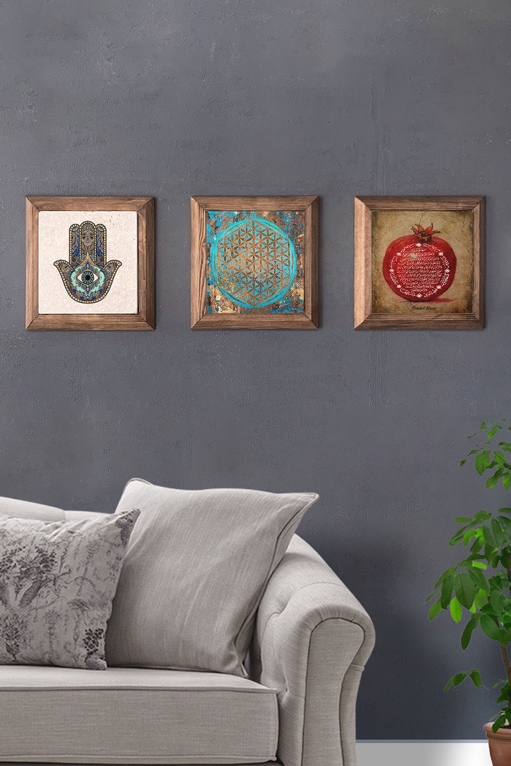 Oscar Stone Decor Masif (Ahşap) Çerçeveli 3'lü Set Taş Tablo Pano 28x28 cm Fatma Ana Yaşam Çiçeği