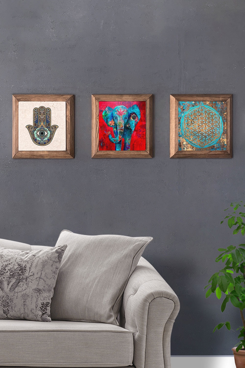 Oscar Stone Decor Masif (Ahşap) Çerçeveli 3'lü Set Taş Tablo Pano 28x28 cm Fatma Ana Yaşam Çiçeği