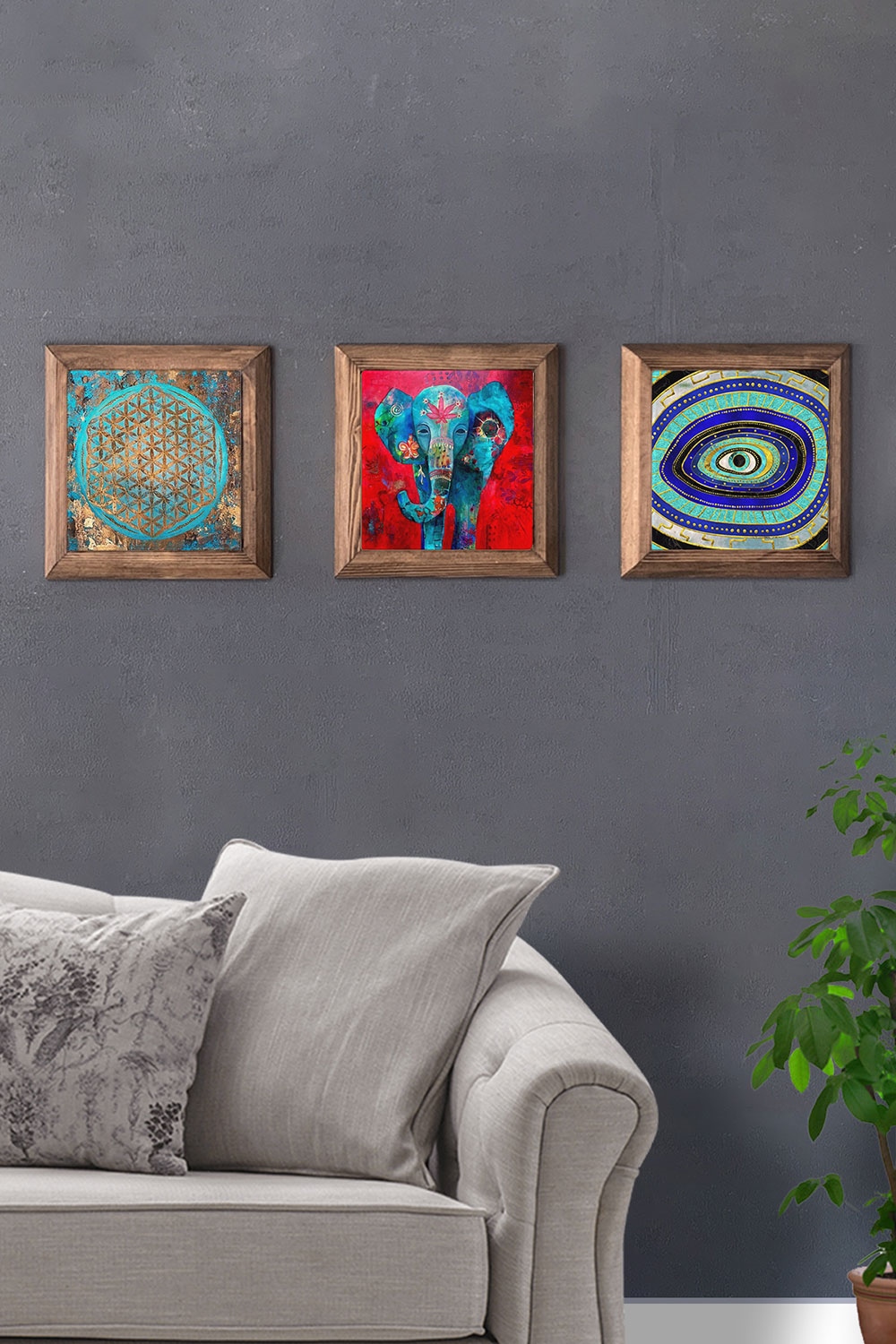 Oscar Stone Decor Masif (Ahşap) Çerçeveli 3'lü Set Taş Tablo Pano 28x28 cm Yaşam Çiçeği Fil Nazar