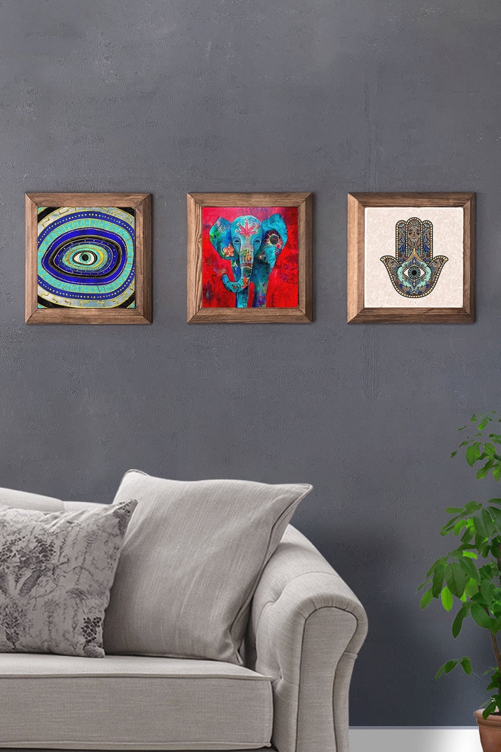 Oscar Stone Decor Masif (Ahşap) Çerçeveli 3'lü Set Taş Tablo Pano 28x28 cm Nazar Göz Fil Fatma Ana