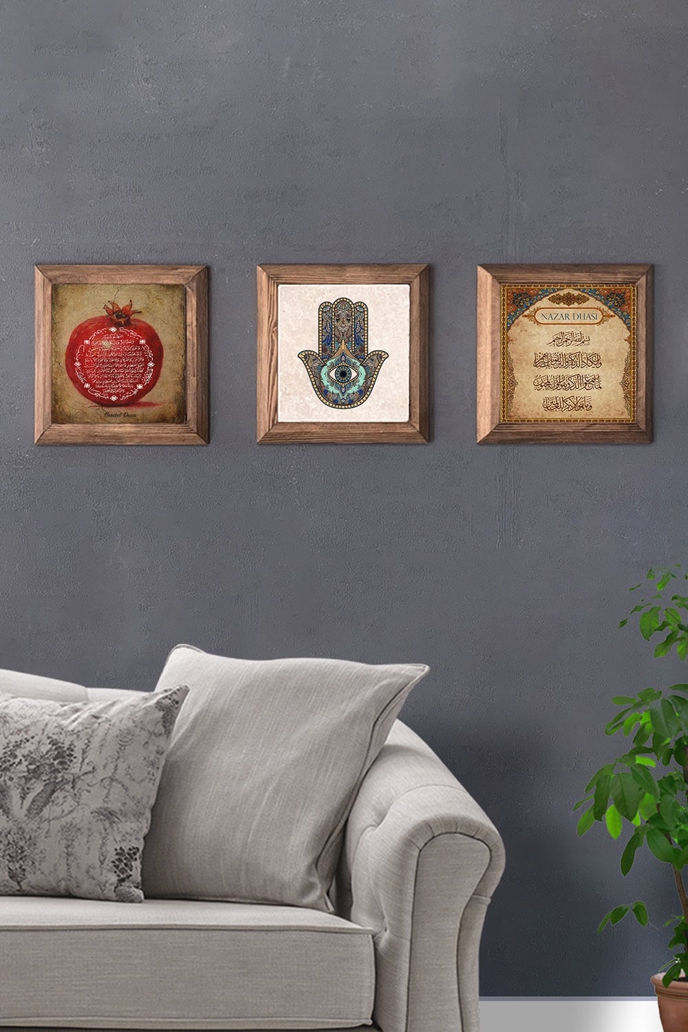 Oscar Stone Decor Masif (Ahşap) Çerçeveli 3'lü Set Taş Tablo Pano 28x28 cm Nar Nazar Dua Fatma Ana