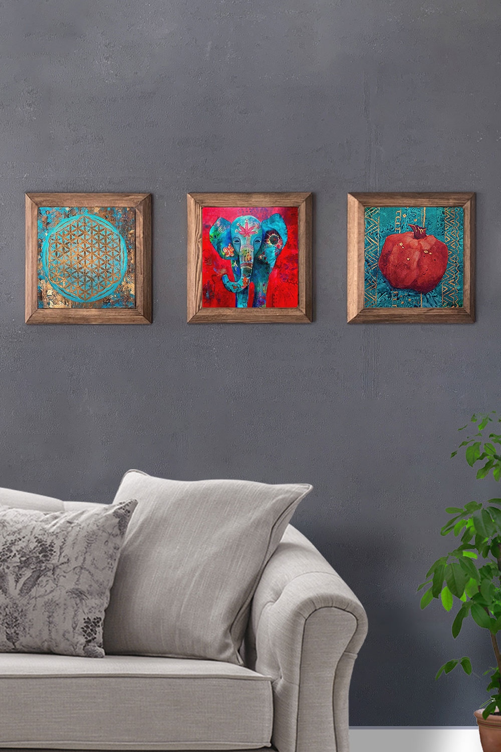 Oscar Stone Decor Masif (Ahşap) Çerçeveli 3'lü Set Taş Tablo Pano 28x28 cm Yaşam Çiçeği Fil Nar