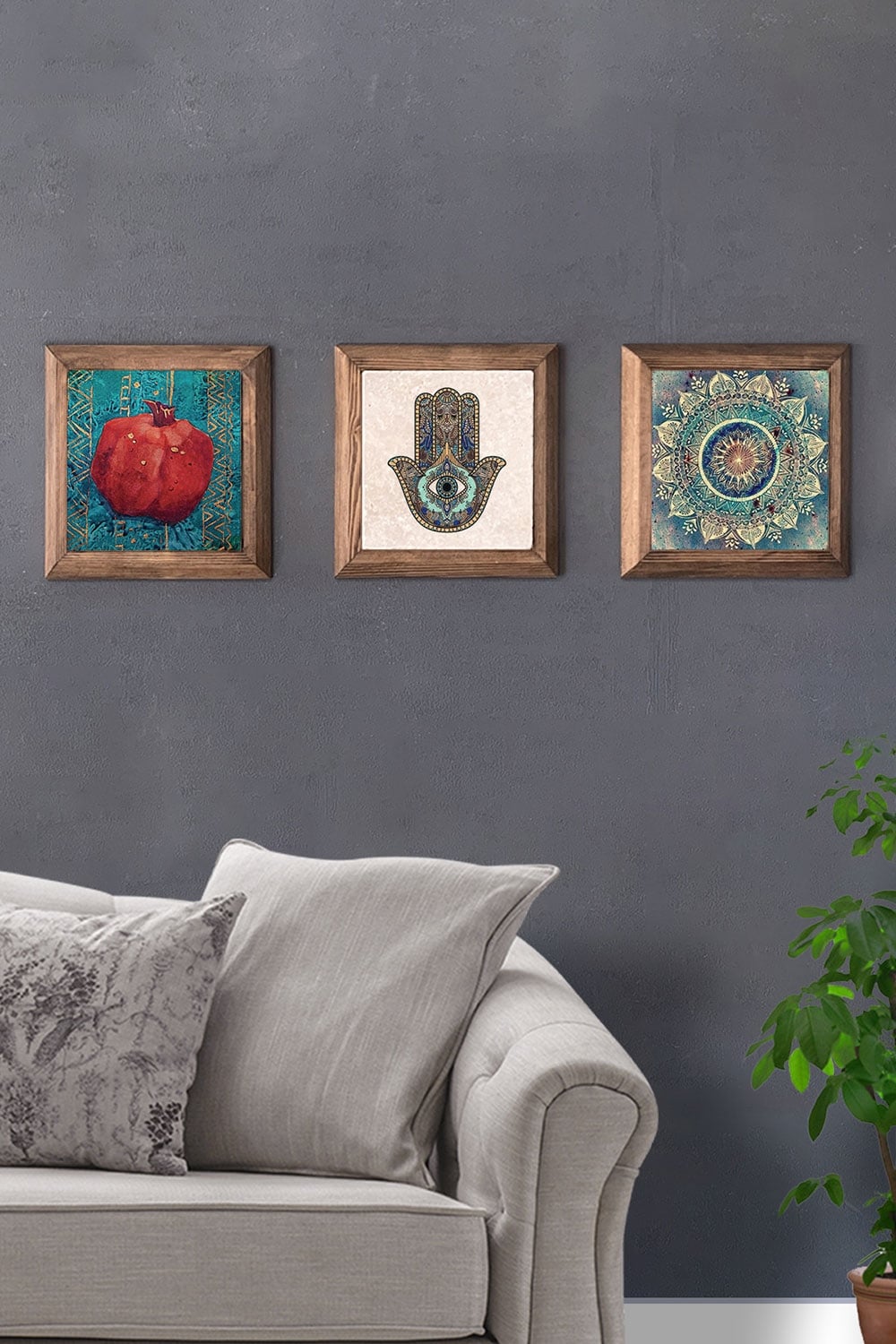 Oscar Stone Decor Masif (Ahşap) Çerçeveli 3'lü Set Taş Tablo Pano 28x28 cm Fatma  Ana Eli Nar