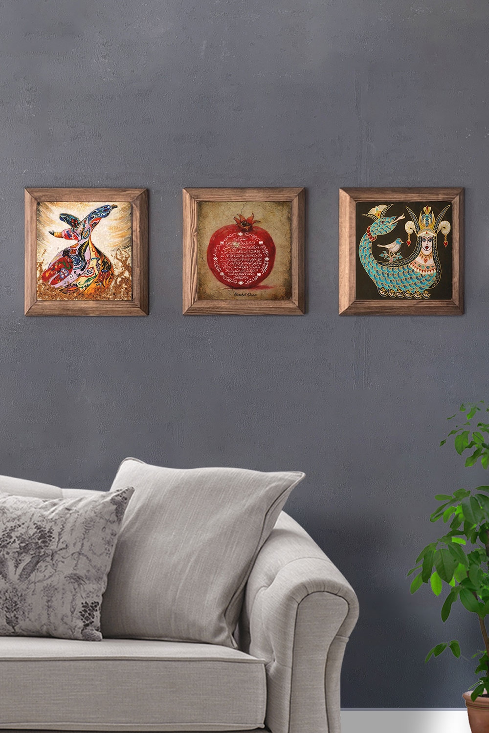 Oscar Stone Decor Masif (Ahşap) Çerçeveli 3'lü Set Taş Tablo Pano 28x28 cm Semazen Nar Dua Şahmeran