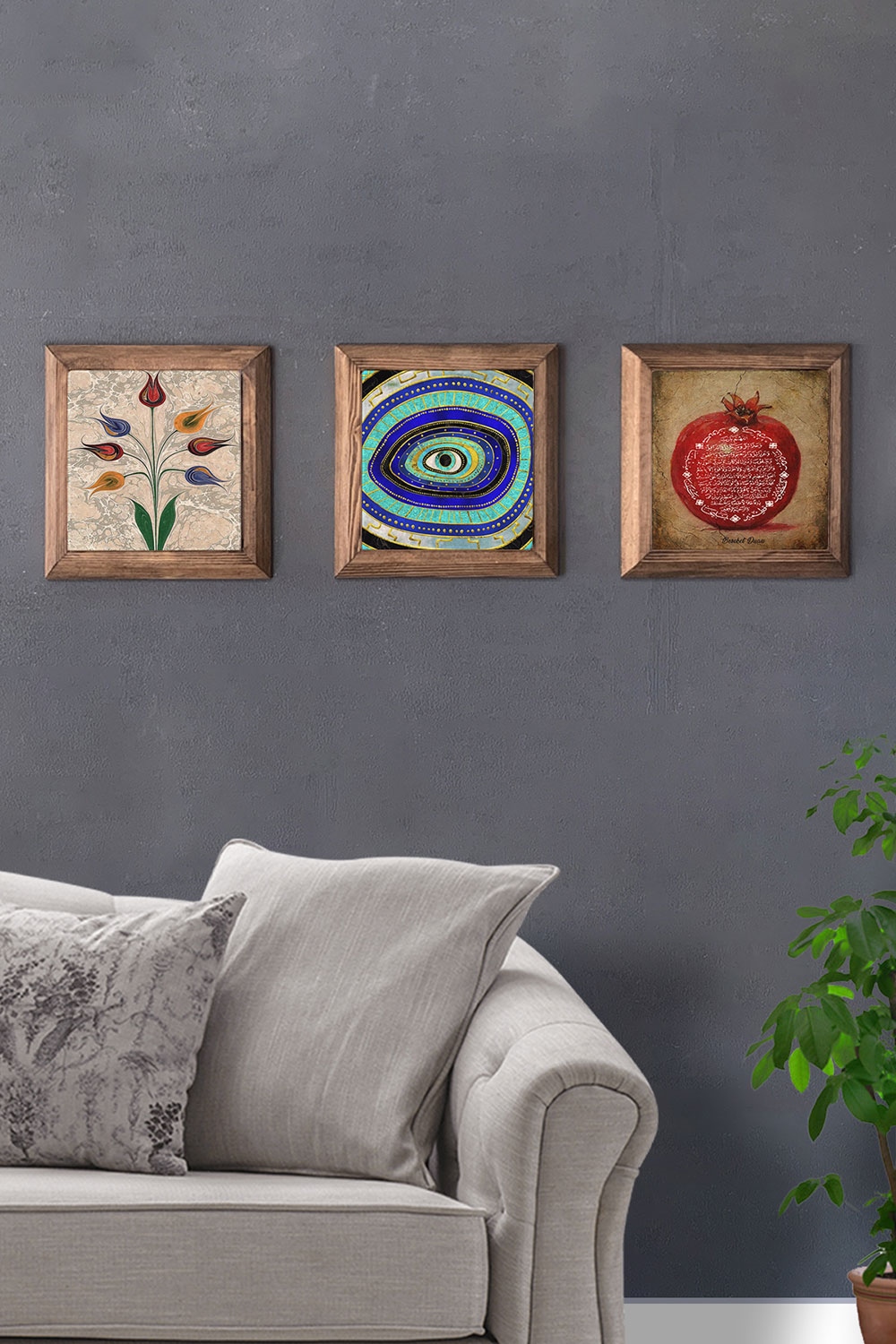 Oscar Stone Decor Masif (Ahşap) Çerçeveli 3'lü Set Taş Tablo Pano 28x28 cm Ebruli Nazar Göz Nar Dua