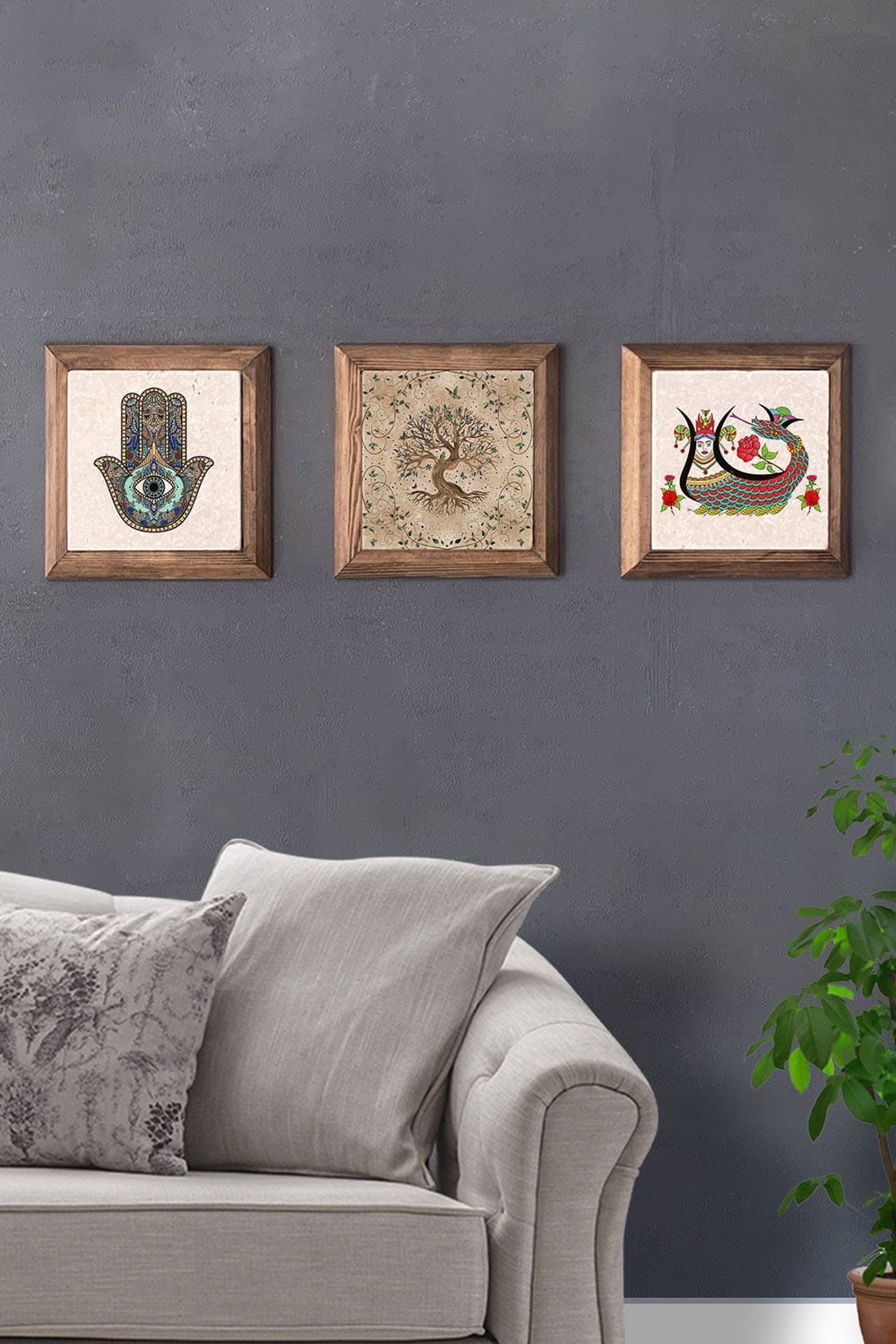 Oscar Stone Decor Masif (Ahşap) Çerçeveli 3'lü Set Taş Tablo Pano 28x28 cm Fatma Ana Hayat Ağacı